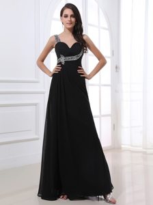 Elegant Black Chiffon Floor-length Beaded Prom Dress with Straps