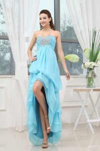 2014 Wholesale High-low Beaded Aqua Blue Prom Dress for Girls