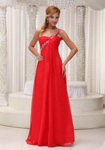 Red Chiffon Floor-length Prom Evening Dress One Shoulder with Beading