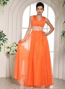 Zipper Side V-neck Prom Gowns Dresses Sleeveless with Beading Waist