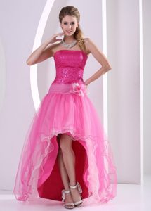 High-low Hot Pink Sequins Hand Flower Prom Celebrity Dress