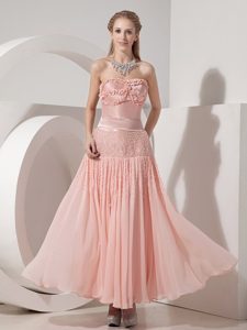 Ruffled and Beaded Light Pink Prom Theme Dress of Ankle Length