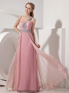 Beaded One Shoulder Chiffon Long Prom Theme Dresses in Rose Pink