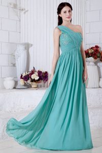 Turquoise Chiffon One Shoulder Prom Theme Dresses with Beading