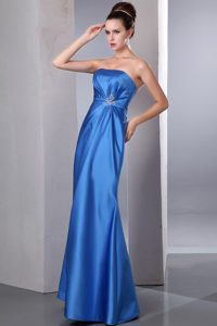 Ruched and Beaded Blue Column Floor Length Prom Theme Dresses