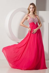 Beaded and Ruched Coral Red Prom Theme Dress with Spaghetti Straps