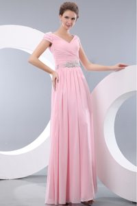 Beaded and Ruched Pink Chiffon Prom Theme Dress with Cap Sleeves