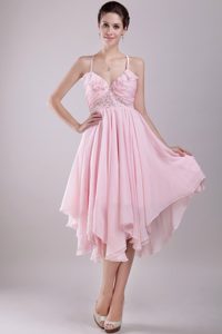 Halter Beaded Asymmetrical Pink Empire Chiffon Prom Theme Dress