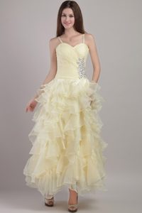 Spaghetti Straps Beading Ruffles Ankle Length Yellow Prom Dress