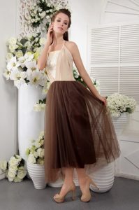 Lace Accent Halter Champagne and Brown Tea Length Prom Theme Dress