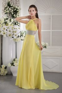 Yellow Empire High Neck Brush Beading Prom Cocktail Dress 2014