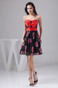 Chiffon Printed Fabric Prom Dress with Bowknot and Sash