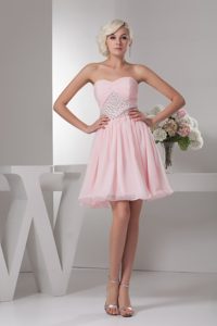 Beading and Ruches Accent Chiffon Prom Cocktail Dress in Baby Pink