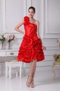 Red A-line One Shoulder Prom Cocktail Dress with Rolling Flowers