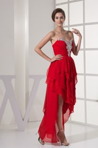 Red Chiffon High-low Prom Cocktail Dress with Beading and Ruches