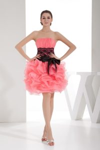 Pick Ups and Black Sash Accent Prom Cocktail Dress in Watermelon