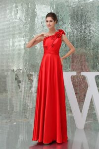 Flowers Accent One Shoulder Floor Length Red Prom Gown Dresses