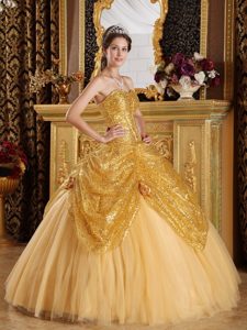 Stunning Sequins Sweet 15 Dresses Tulle Hand Made Flowers in Gold