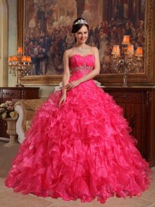 Red Sweetheart Ruffles Floor-length Organza Beading Quinceanera Dress