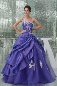 Purple A-line One Shoulder Appliques Floor-length Quinceanera Dress
