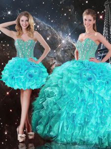 Fancy Aqua Blue Ball Gowns Beading and Ruffles Quinceanera Dresses Lace Up Organza Sleeveless Floor Length