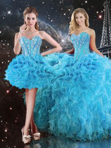 Cheap Floor Length Aqua Blue 15th Birthday Dress Sweetheart Sleeveless Lace Up