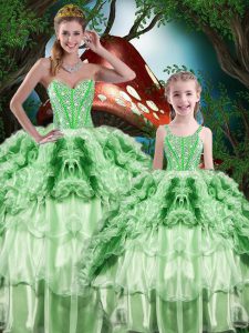 High Class Green Sleeveless Beading and Ruffles and Ruffled Layers Floor Length Vestidos de Quinceanera