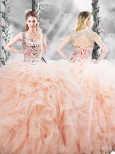 Suitable Straps Sleeveless Tulle Vestidos de Quinceanera Beading and Ruffles Lace Up