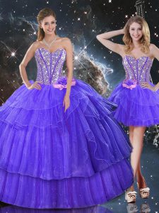 Glorious Purple Ball Gowns Sweetheart Sleeveless Organza Floor Length Lace Up Beading and Ruffled Layers Quinceanera Gowns