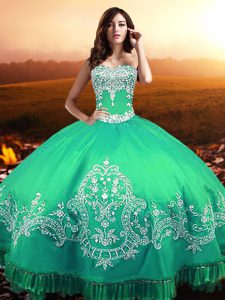 Dazzling Turquoise Lace Up Sweetheart Beading and Appliques Quinceanera Gown Taffeta Sleeveless