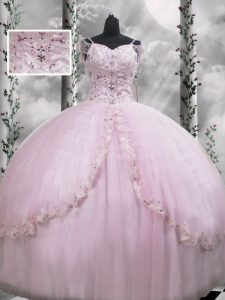 Lilac Ball Gowns Beading and Appliques Quinceanera Gown Side Zipper Tulle Cap Sleeves