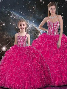 Designer Hot Pink Ball Gowns Sweetheart Sleeveless Organza Floor Length Lace Up Beading and Ruffles Vestidos de Quinceanera