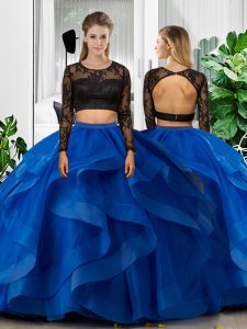 Long Sleeves Tulle Floor Length Backless Quince Ball Gowns in Blue with Lace and Ruffles