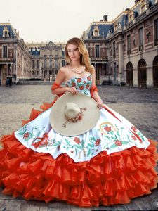 Fine Orange Red Sweetheart Lace Up Embroidery and Ruffled Layers Quinceanera Gown Sleeveless