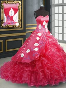Embroidery and Ruffled Layers Quinceanera Dress Coral Red Lace Up Sleeveless Brush Train