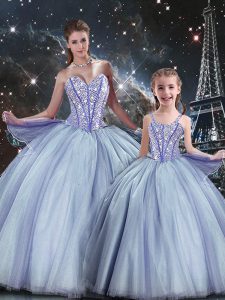 Sweet Ball Gowns Sweet 16 Dress Lavender Sweetheart Tulle Sleeveless Floor Length Lace Up