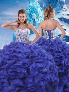 Blue Organza Lace Up Sweetheart Sleeveless Floor Length Quinceanera Dresses Beading and Ruffles