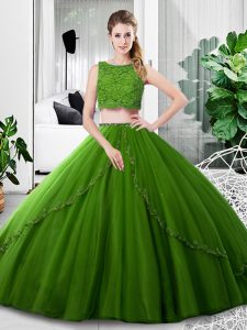 Most Popular Scoop Sleeveless 15 Quinceanera Dress Floor Length Lace and Ruching Olive Green Tulle