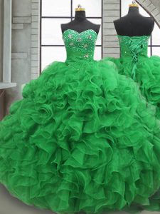 Green Lace Up Sweetheart Beading and Ruffles 15th Birthday Dress Organza Sleeveless