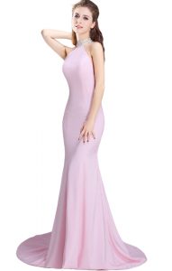 Unique Baby Pink Homecoming Dress Prom and Party with Beading Halter Top Sleeveless Brush Train Side Zipper