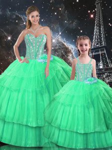Apple Green Organza Lace Up Sweet 16 Dress Sleeveless Floor Length Ruffled Layers