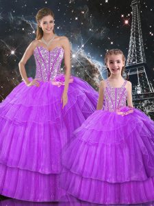 Cheap Purple Sweetheart Lace Up Beading and Ruffled Layers Vestidos de Quinceanera Sleeveless