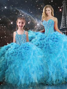 Attractive Aqua Blue Sleeveless Floor Length Beading and Ruffles Lace Up Ball Gown Prom Dress