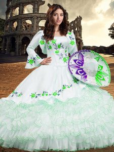 White Ball Gowns Embroidery and Ruffled Layers Quinceanera Gown Lace Up Organza Long Sleeves Floor Length