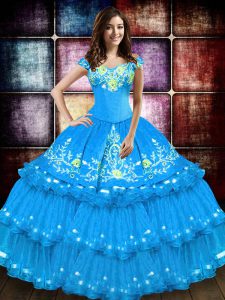 Most Popular Off The Shoulder Sleeveless Sweet 16 Dresses Floor Length Embroidery and Ruffled Layers Baby Blue Taffeta