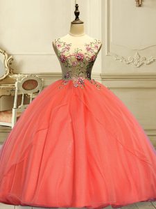 Beautiful Scoop Sleeveless Lace Up Vestidos de Quinceanera Orange Red Organza