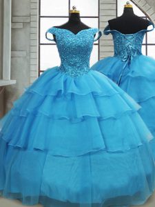 Decent Organza Off The Shoulder Sleeveless Brush Train Lace Up Beading and Ruffled Layers Vestidos de Quinceanera in Baby Blue
