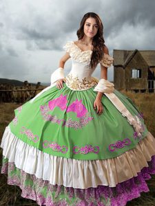 Multi-color Off The Shoulder Neckline Embroidery and Ruffled Layers Quinceanera Gowns Sleeveless Lace Up