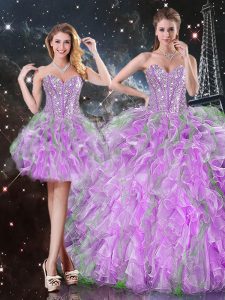 Luxury Beading and Ruffles Vestidos de Quinceanera Lilac Lace Up Sleeveless Floor Length
