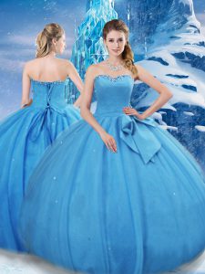 Baby Blue Ball Gowns Tulle Sweetheart Sleeveless Bowknot Floor Length Lace Up Sweet 16 Quinceanera Dress